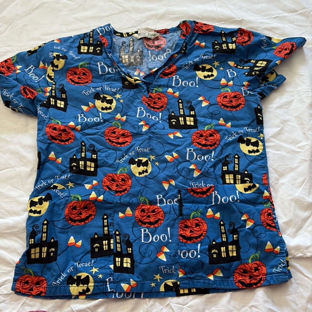 Halloween Scrub Top with Spooky Designs